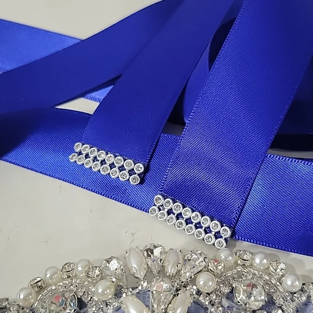 New royal blue with pearls & rhinestone crystals in sliver wedding dress Sash